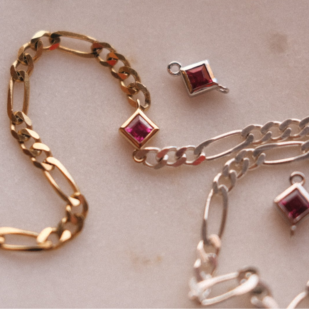 Natural ruby gemstones and solid gold and solid sterling silver chains