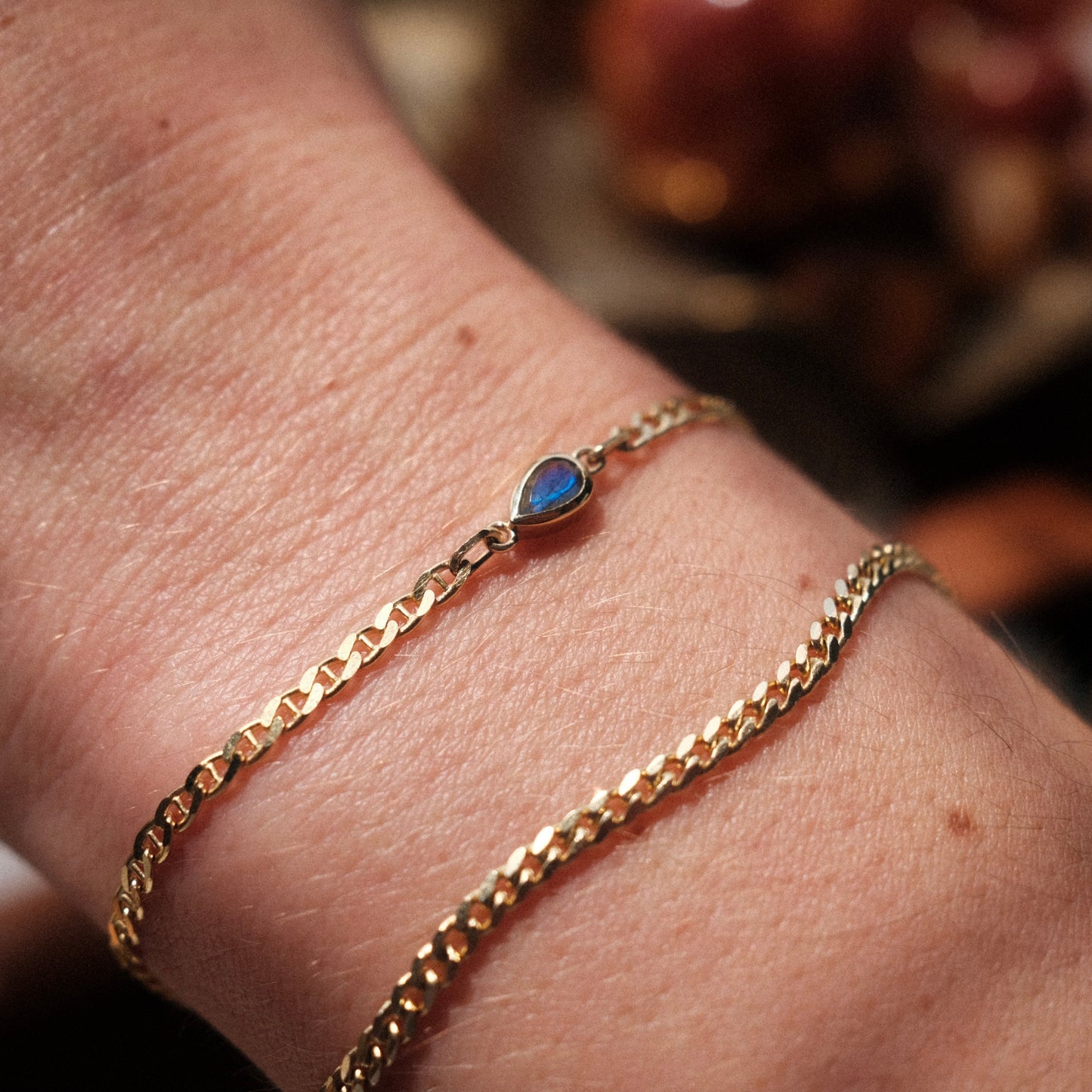 solid gold permanent bracelet stack with labradorite pear gemstone