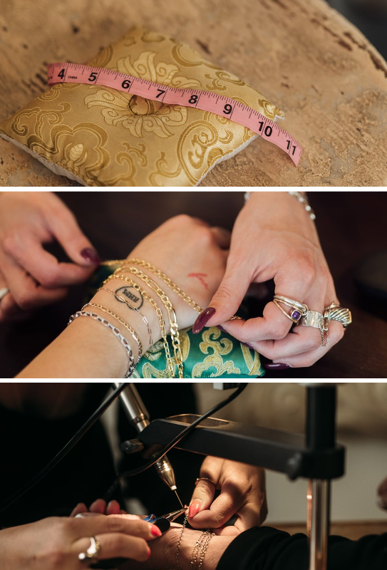 Getting sized, fitted, and sealed with customer permanent jewelry at love saro
